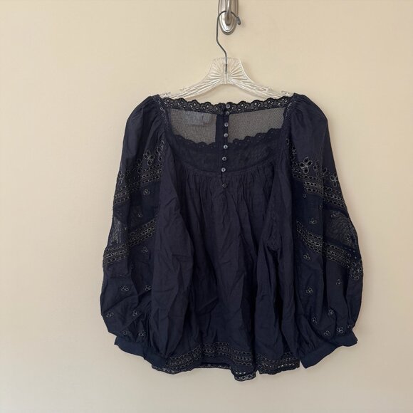 Anthropologie Rare Jaslyn Embroidered Lace Blouse Navy Gold Size Large - Picture 8 of 10